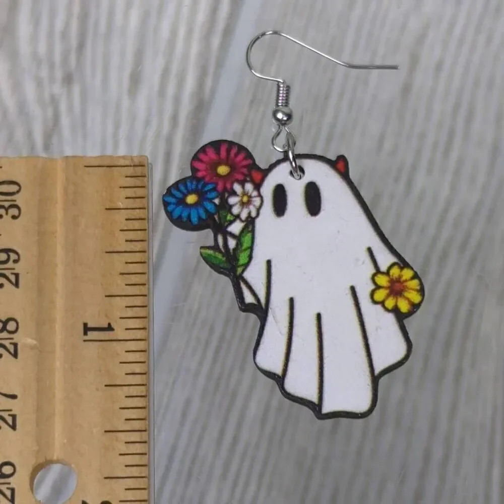 Halloween Spooky Ghost with Flowers Wire Dangle Earrings White 1.5